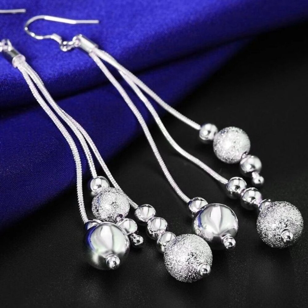 Giavanna Strands 3-Layer Sterling Silver Bead Necklace Dangle Earrings Gift Set - Picture 4 of 9